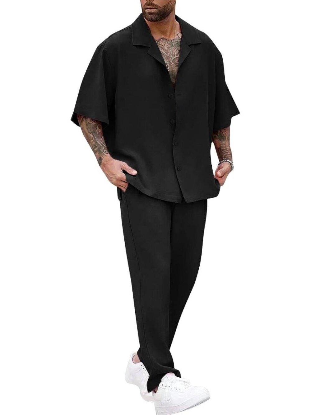 Men's Summer Casual 2-Piece Outfit Set - Short Sleeve Shirt & Elastic Pants for